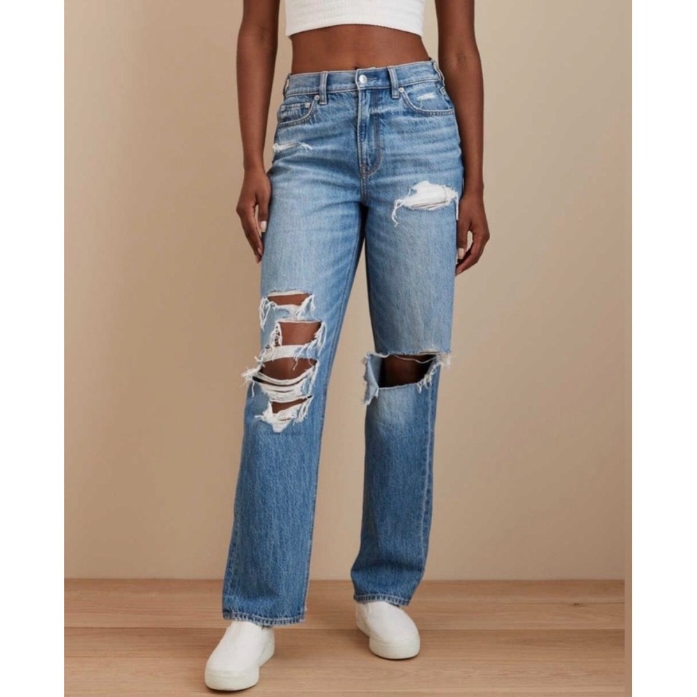 AMERICAN EAGLE High Rise Baggy Straight Jean Distressed Denim Medium Wash Blue 4